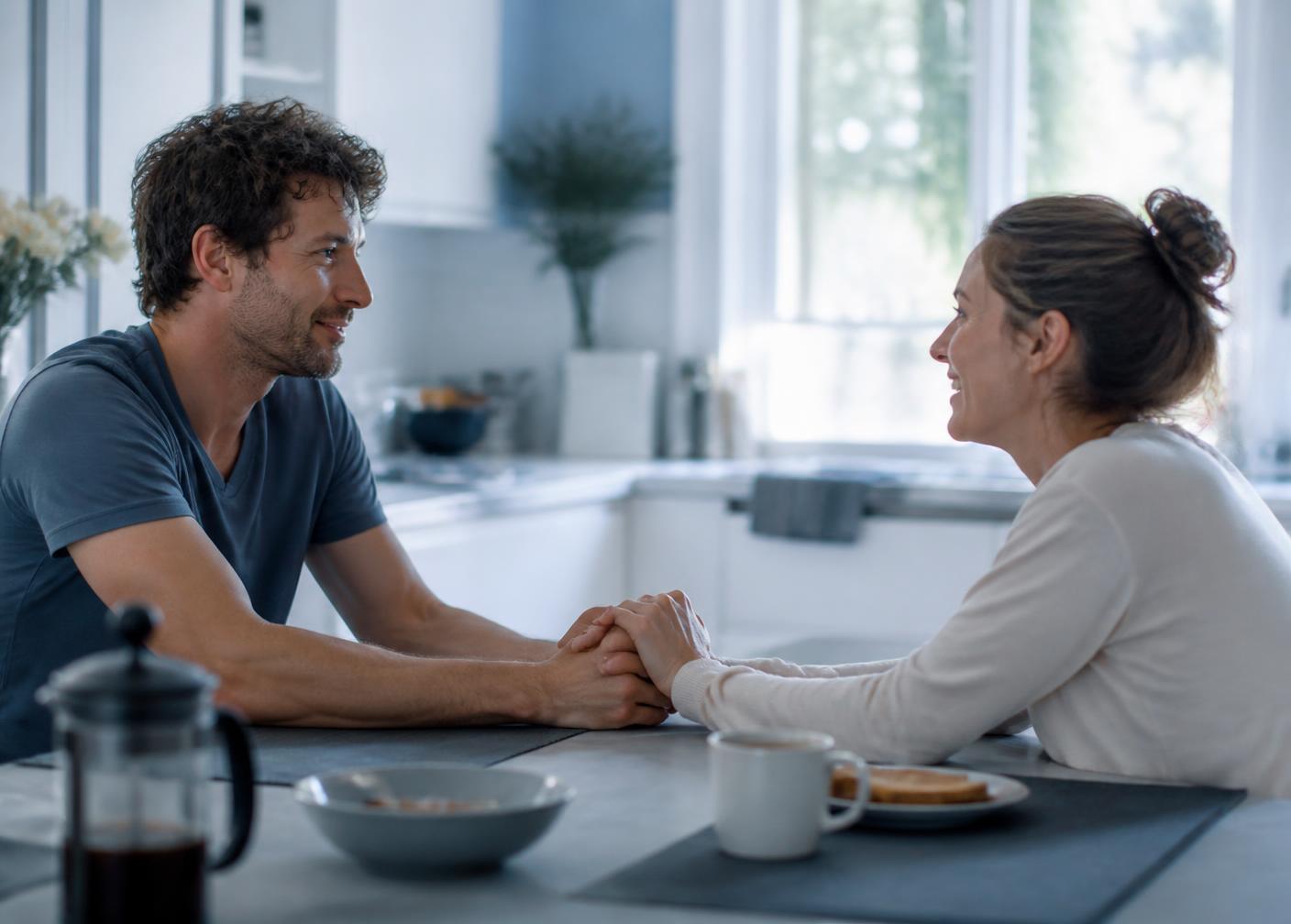 A couple holding hands across a kitchen table in morning light